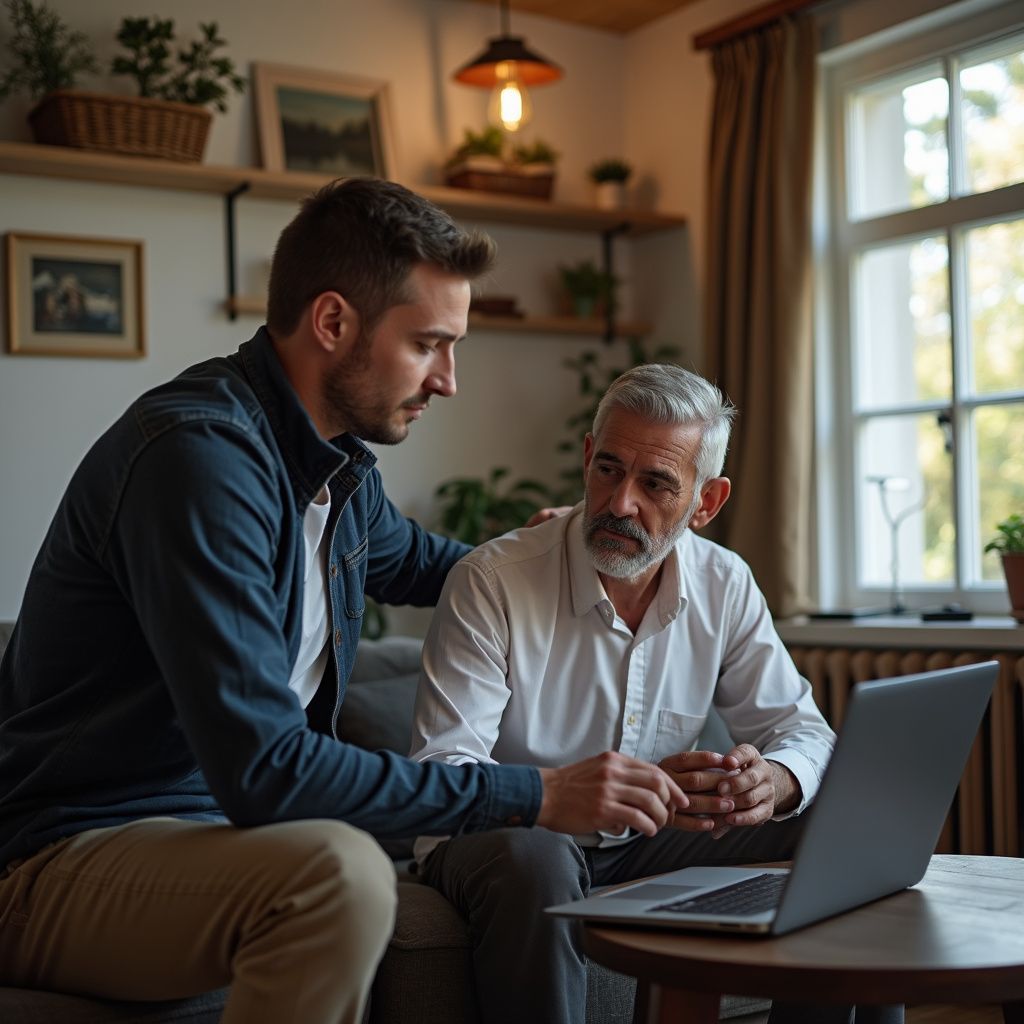 Young man comforts older man looking at a laptop in a living room.