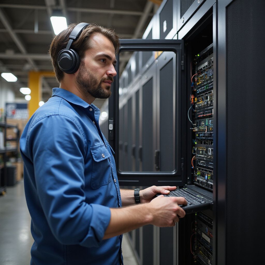 Man with headphones working on a laptop in a server room, examining equipment in a rack.