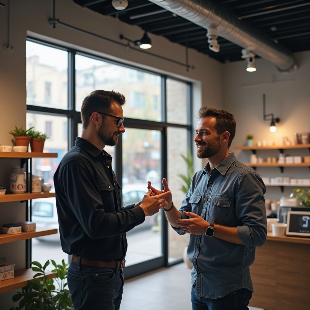 Two men in a shop, gesturing and smiling. One wears a dark shirt, other denim. Sunlight streams in the window.