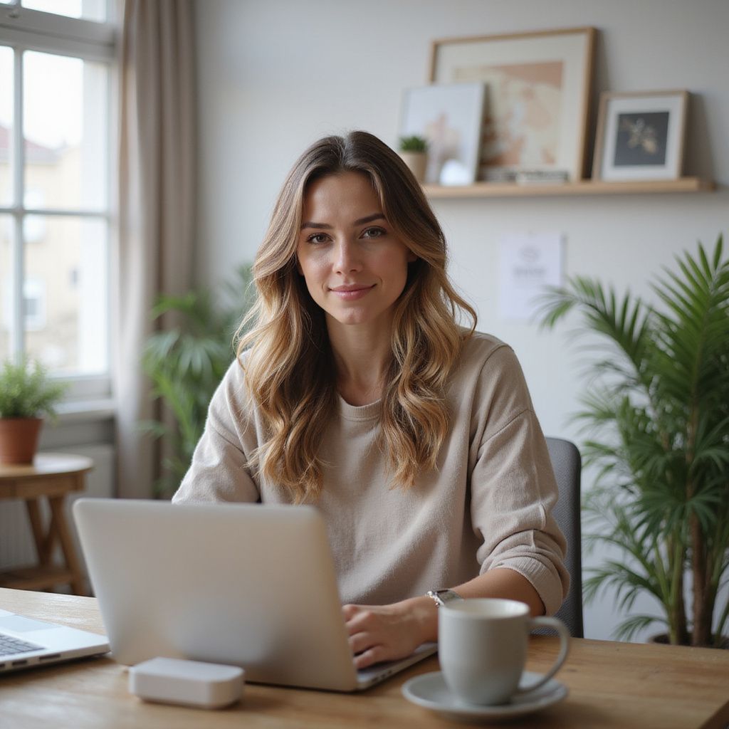 Woman sitting at a desk with a laptop, smiling, holding a cup. Light-colored room with plants.