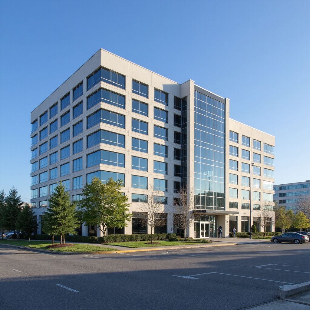 Modern, multi-story office building with a glass facade, under a clear blue sky.