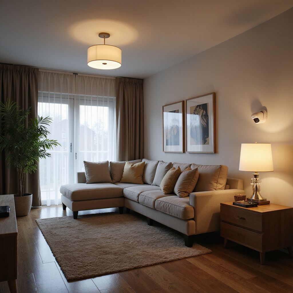 Living room with beige sectional sofa, rug, wooden floor, and a lit lamp.