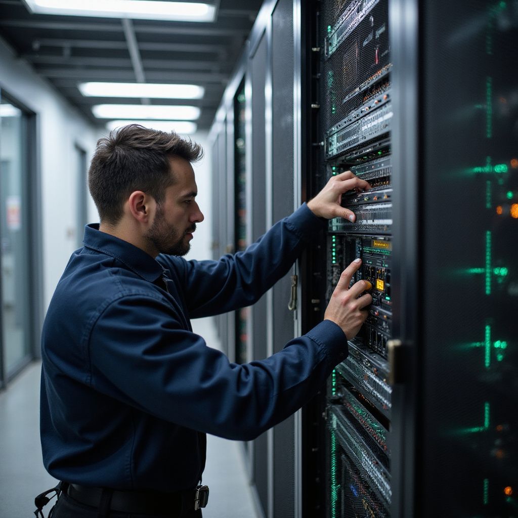 Man in blue shirt working on server equipment in a data center.