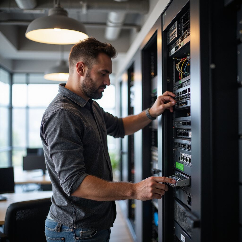 Man working on server equipment in a data center.