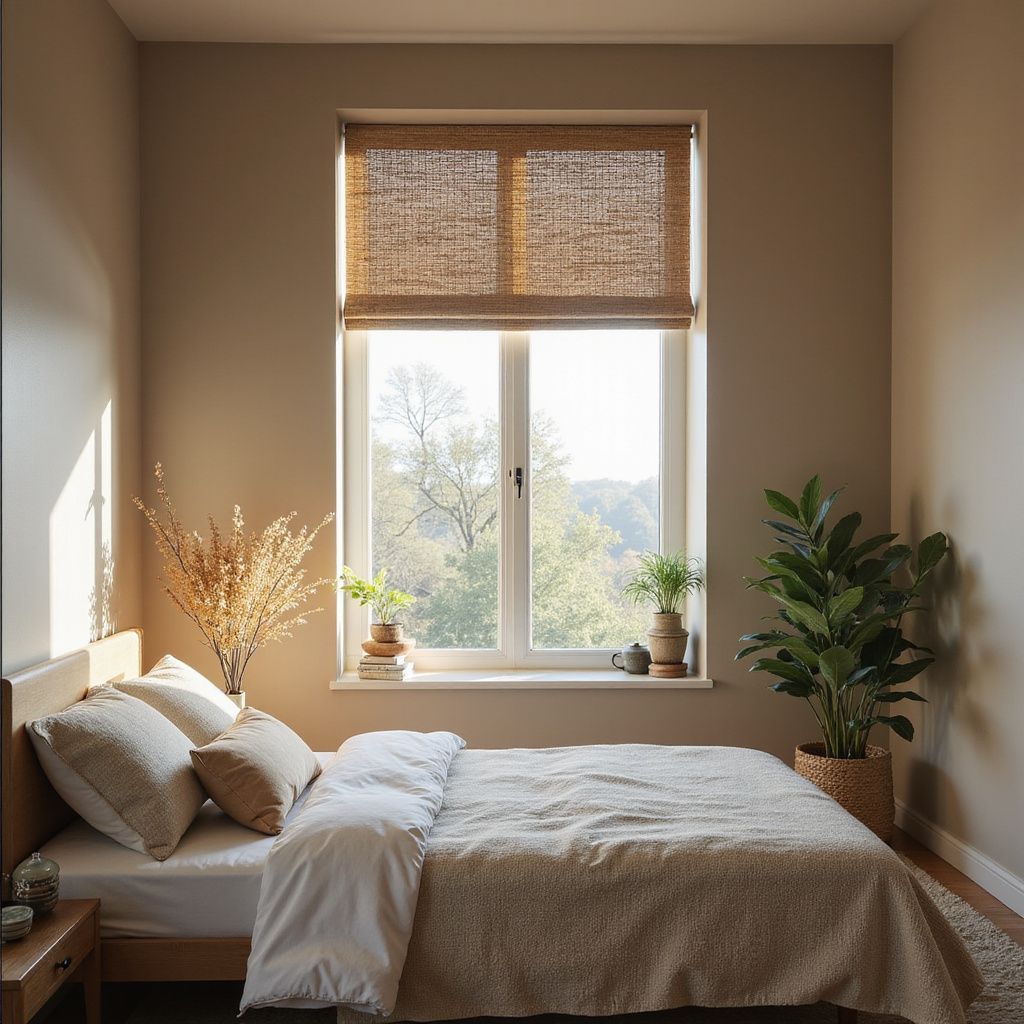 Bedroom with a bed, window with shades, plants, neutral color walls, and a warm, inviting atmosphere.