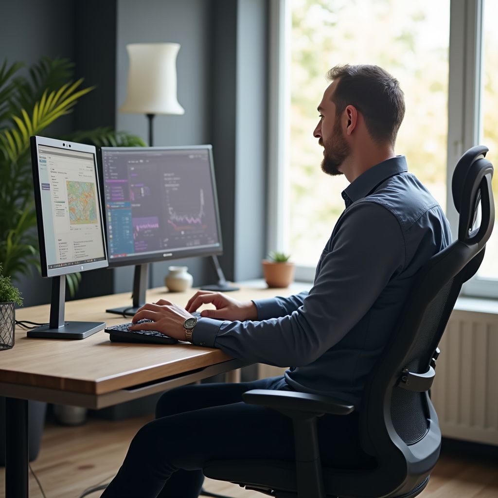 Man working at a desk with two monitors, typing on a keyboard, and sitting in an ergonomic chair.