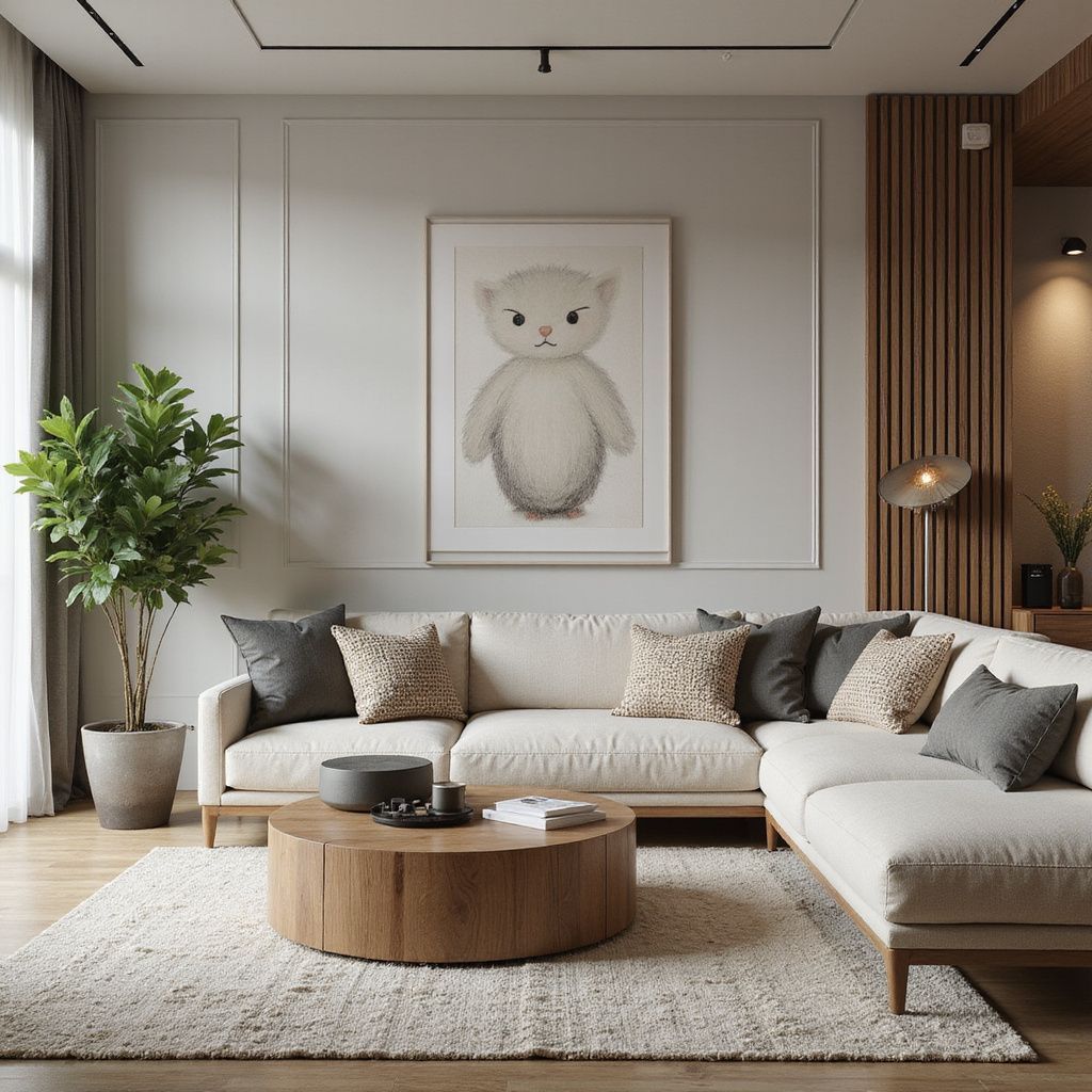 Living room with a white sectional sofa, wooden coffee table, and large framed artwork.