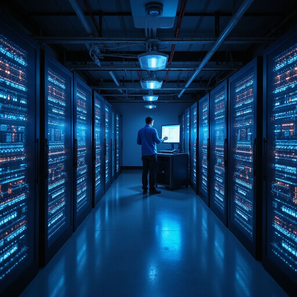 A person standing in a server room, surrounded by rows of blue-lit server racks, monitoring a screen.