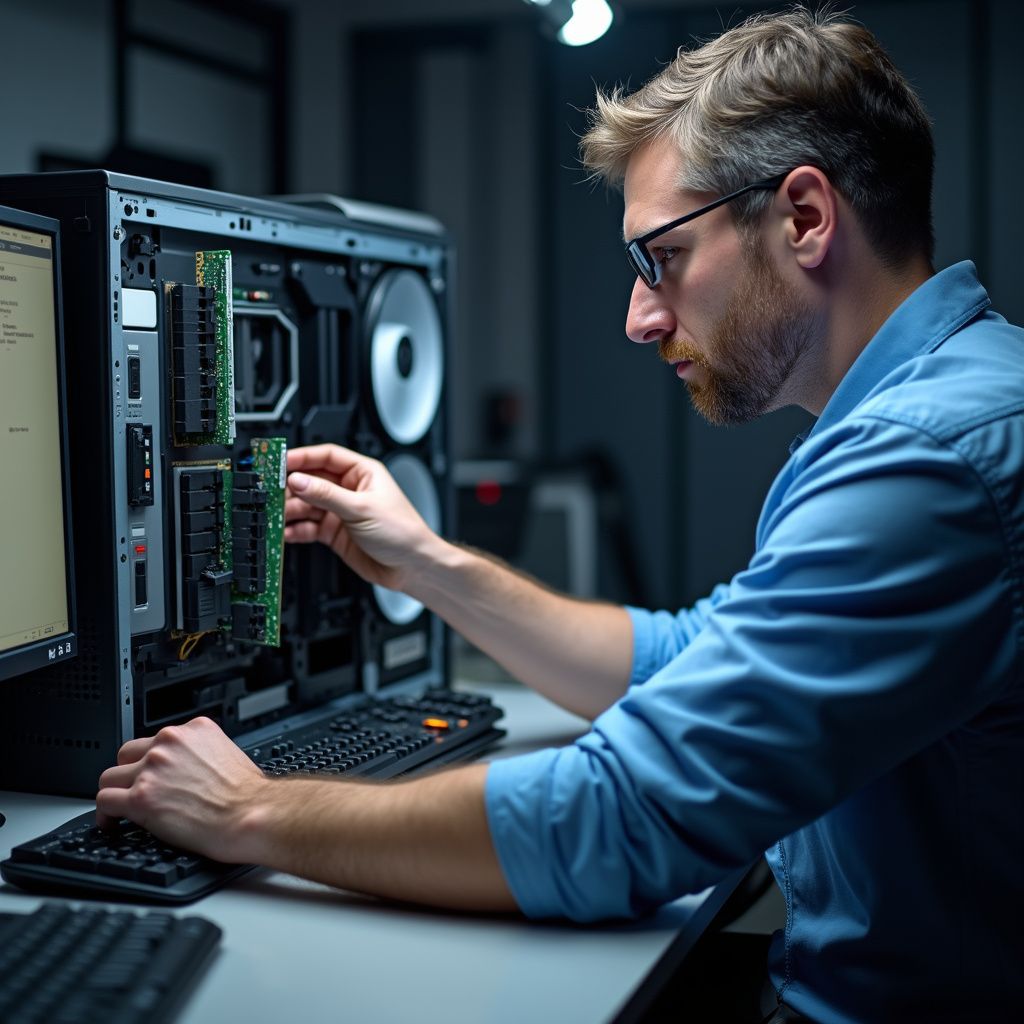 Man in glasses installing RAM in a computer, working at a desk with keyboards and monitors.