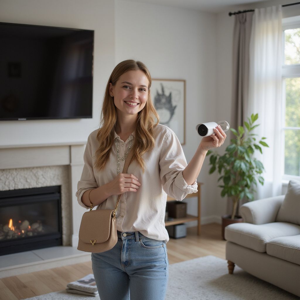 Woman smiles, holding a security camera. She stands in a living room with a fireplace and television.