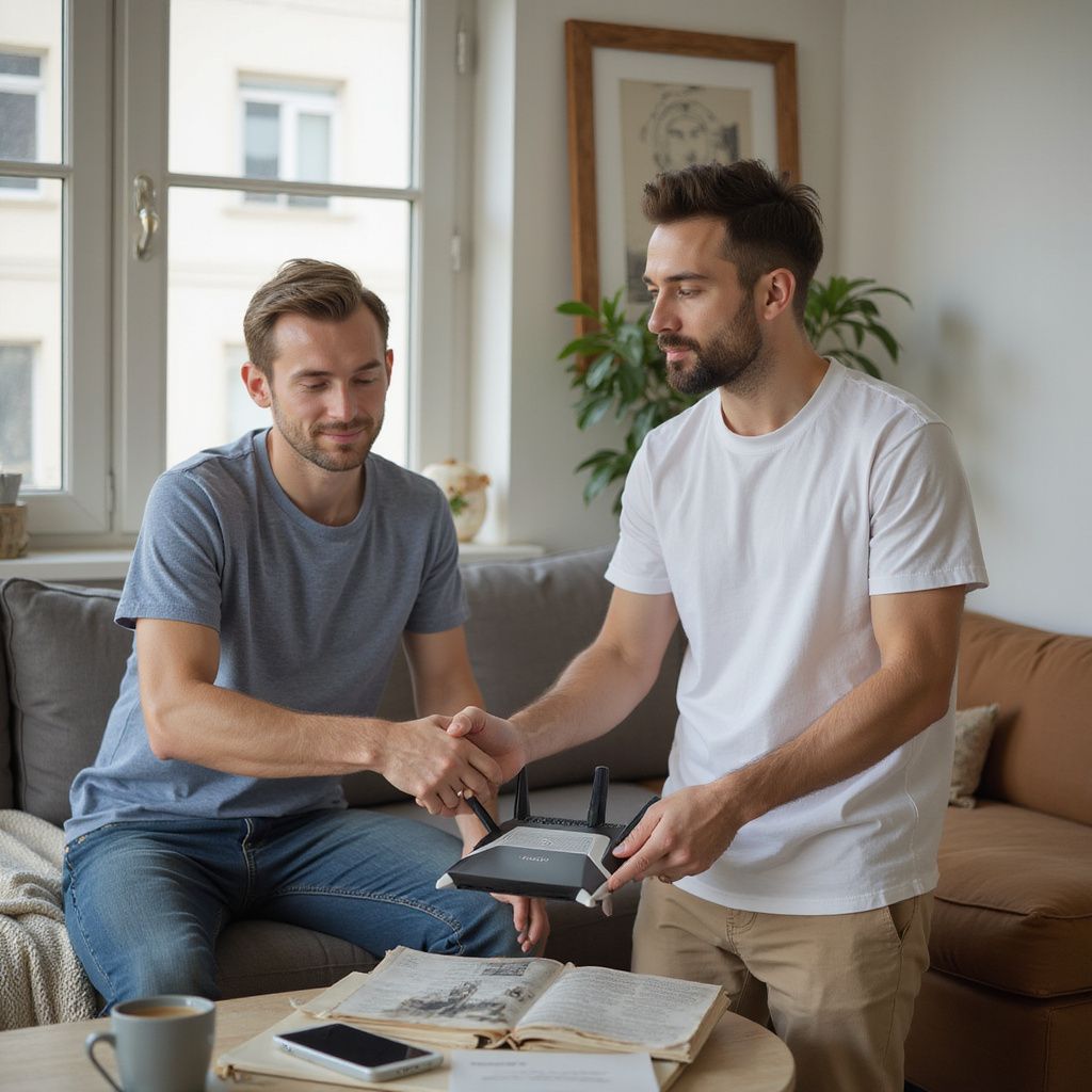Two men shaking hands, one holding a router in a living room.