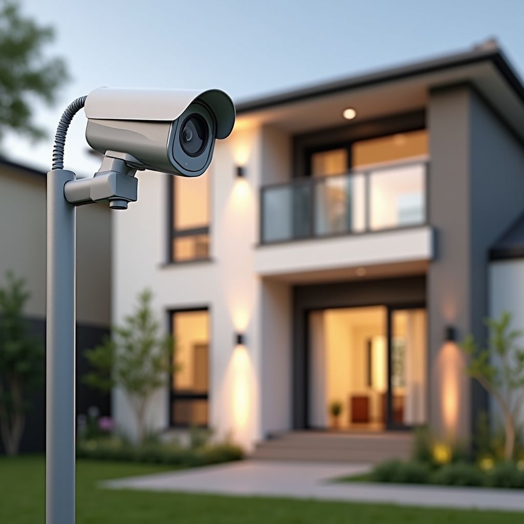 Security camera mounted on a pole, overlooking a two-story modern house at dusk.