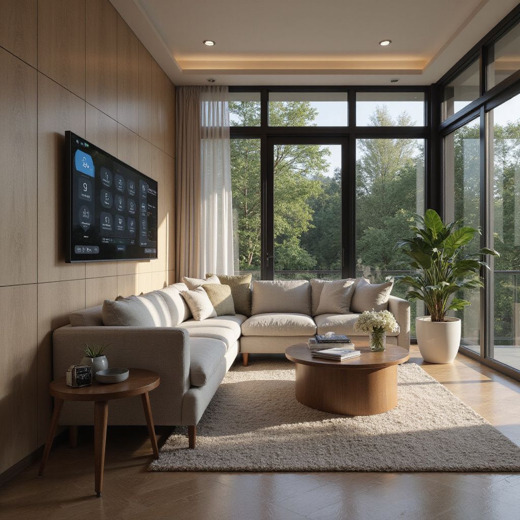 Living room with sectional sofa, coffee table, large windows overlooking trees, and a mounted TV.