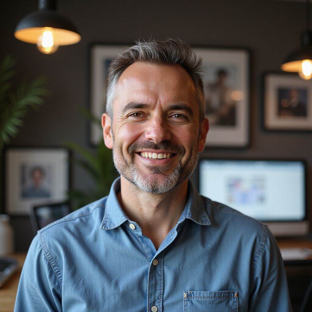 Man with gray hair and a blue shirt smiles, working from home with a computer and framed photos.