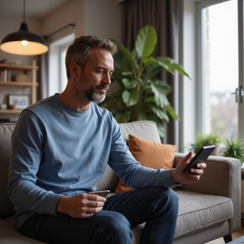 Man sits on a couch, using a phone and holding a credit card indoors near a window and plants.