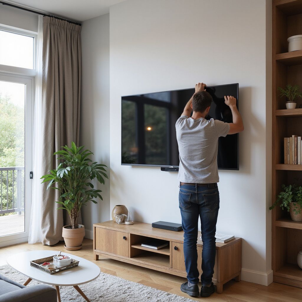 Man hanging a television on a white wall in a living room. Wooden cabinet and bookshelf.
