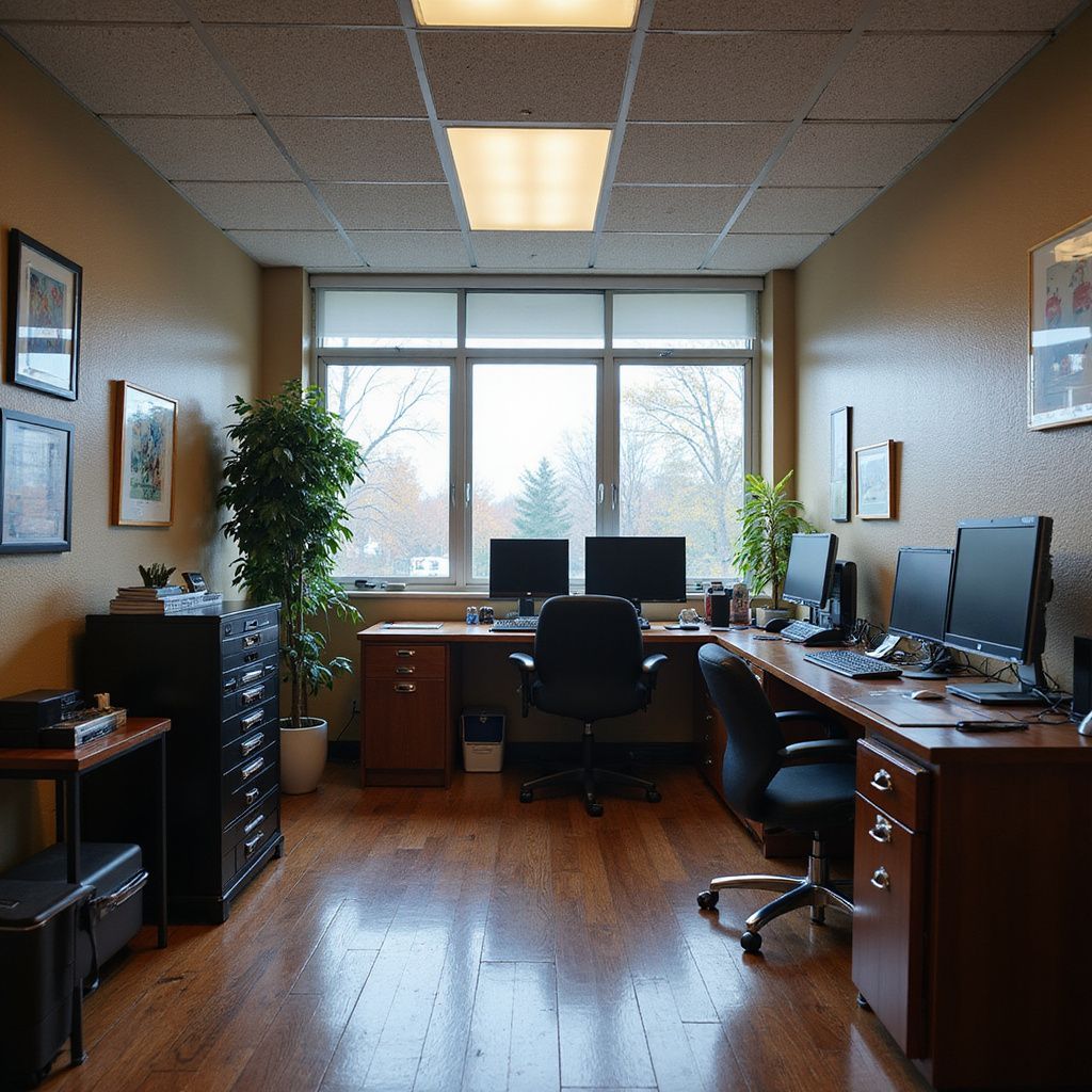 Office with a large window, two desks, computer monitors, and a potted plant.