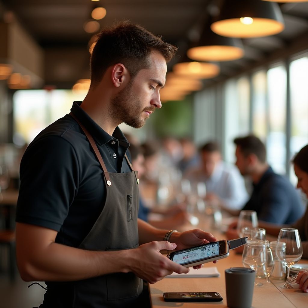 Waiter using a tablet to take an order at a restaurant; people in the background.