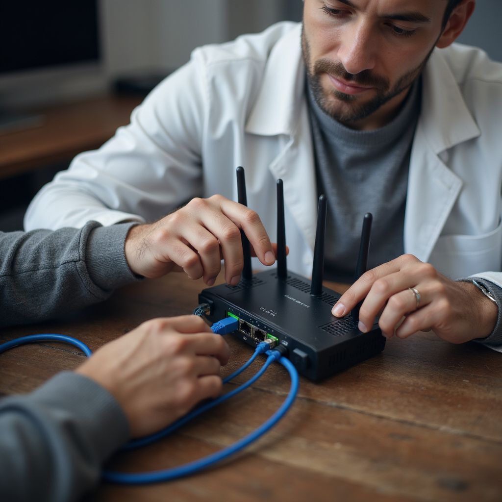 Two people connecting blue Ethernet cables to a black router on a wooden table. One person wears a white coat.