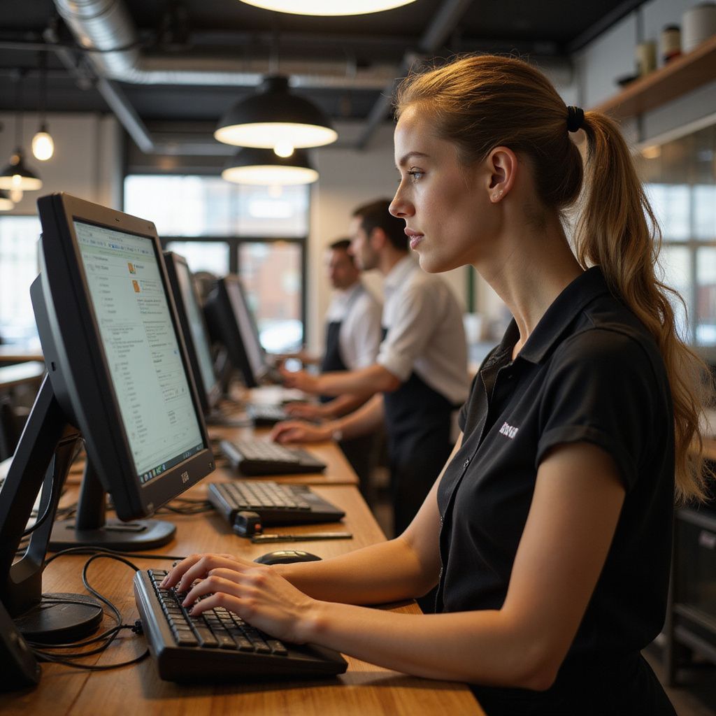 Woman in black shirt typing on computer at a counter, other people in background.