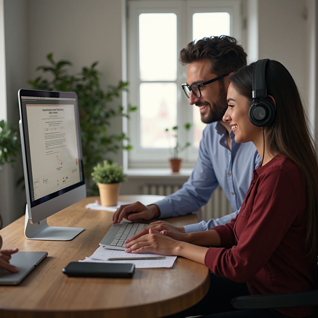 Two people at a computer, smiling, one wearing headphones, a light-filled office.