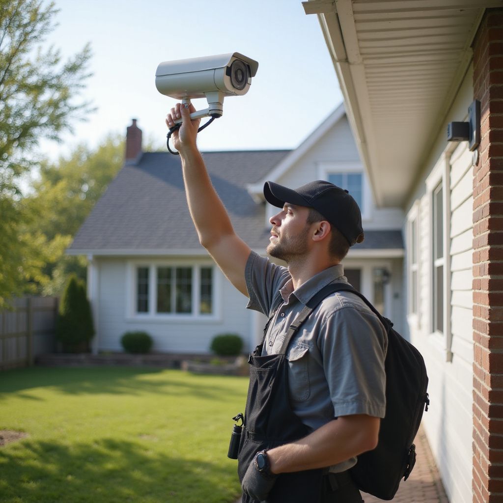 Man installing security camera on a house. He wears a hat, holding camera above his head, and carrying a backpack.