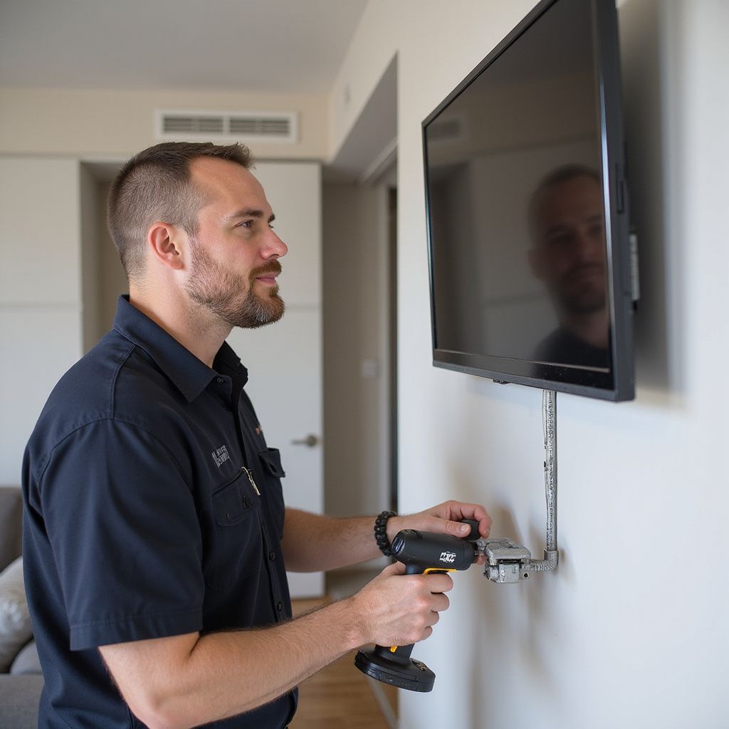 Man installing a TV on a white wall with a power drill; apartment interior.