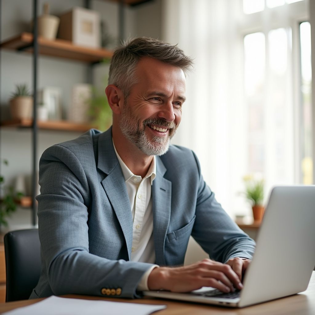 Man smiling while working on a laptop at a desk indoors. He wears a blue blazer and white shirt.