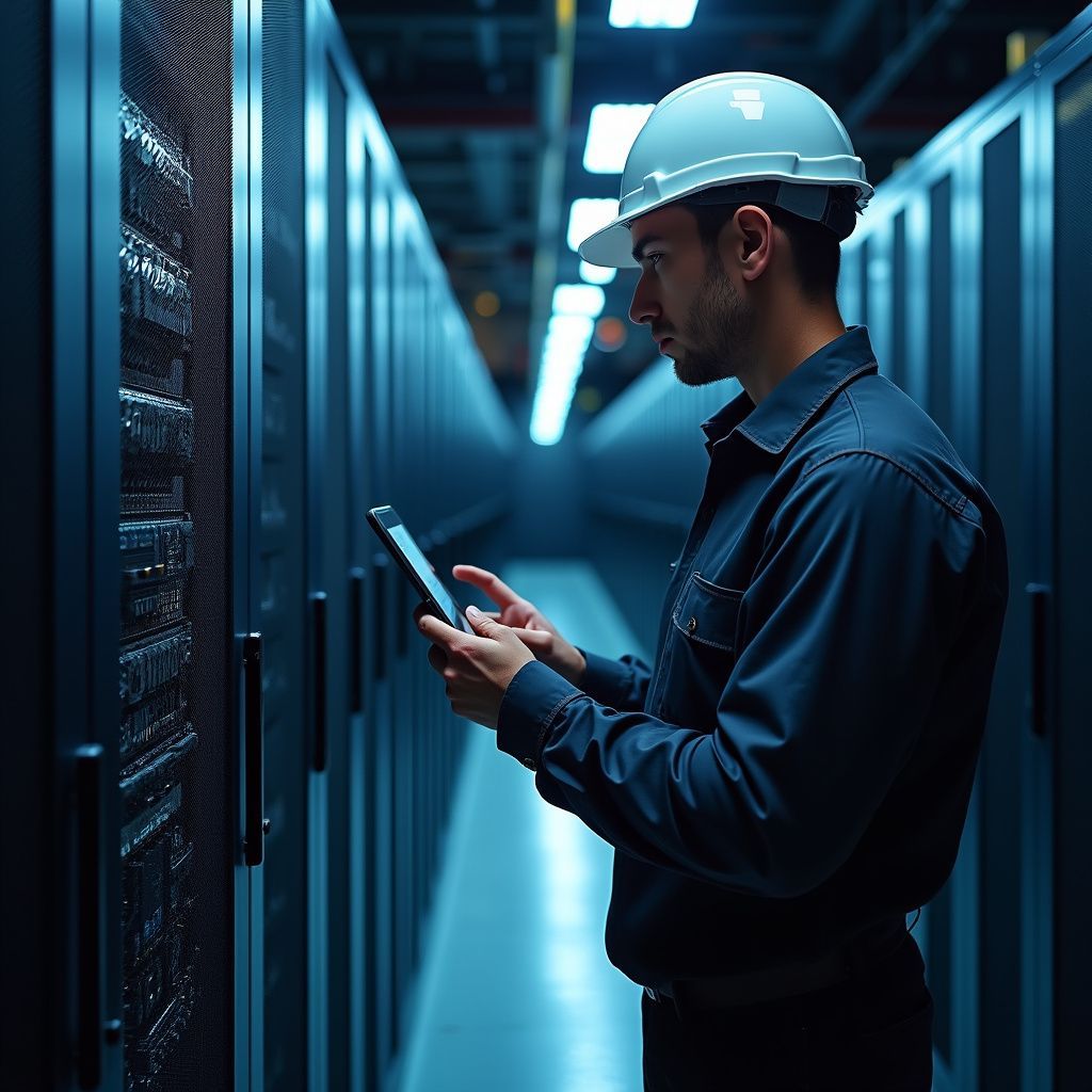 IT technician in a server room, wearing a hard hat, examining a tablet. Cool-toned lighting.