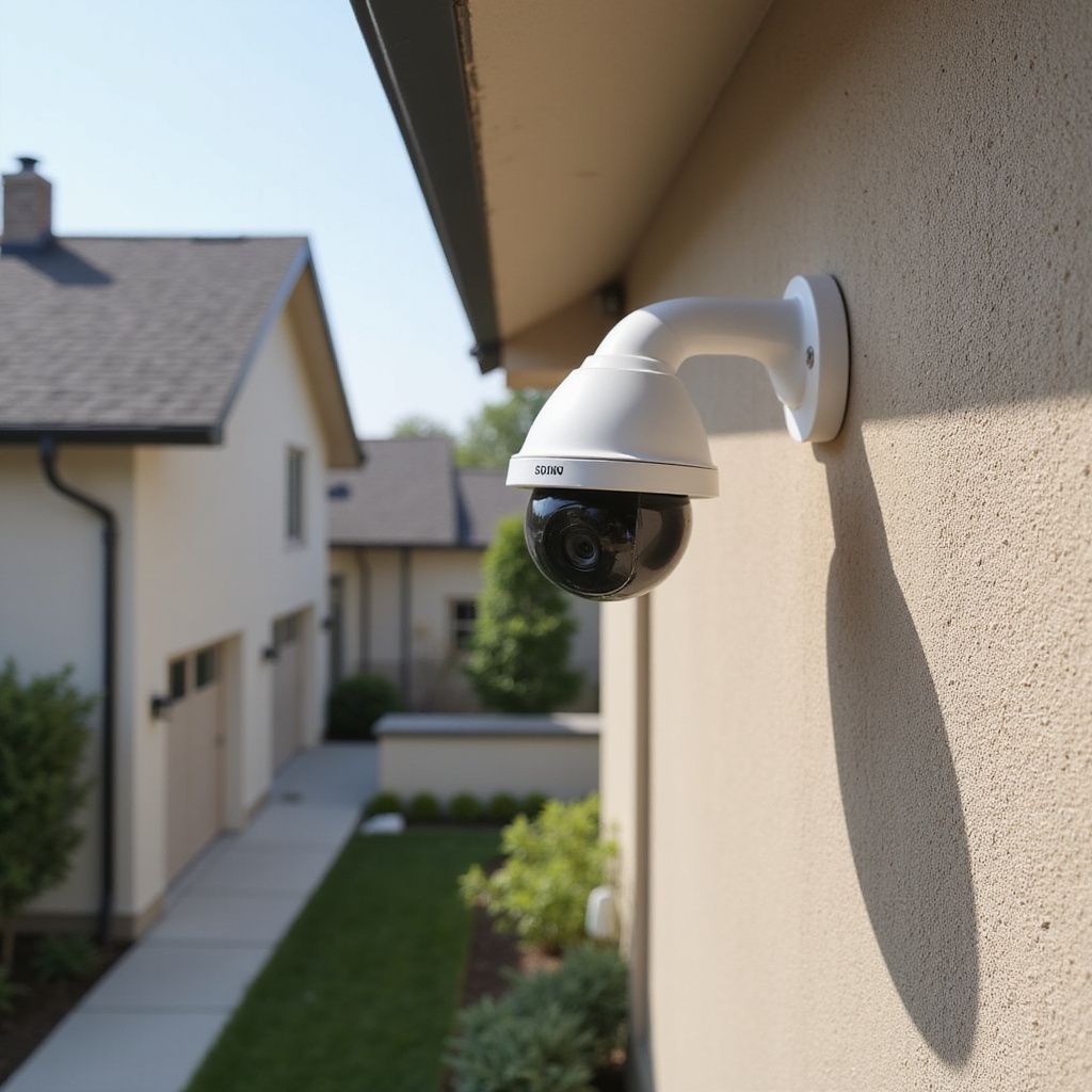 Security camera mounted on a beige building, overlooking a residential area with houses and greenery.