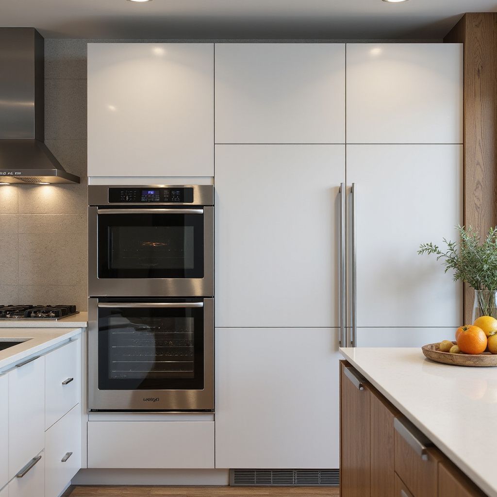 Modern kitchen with white cabinets, stainless steel appliances, and a wooden island.
