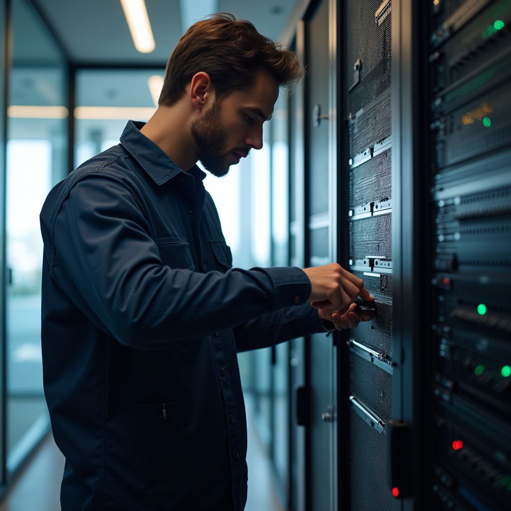 Man in blue work shirt, working on server rack in a data center.
