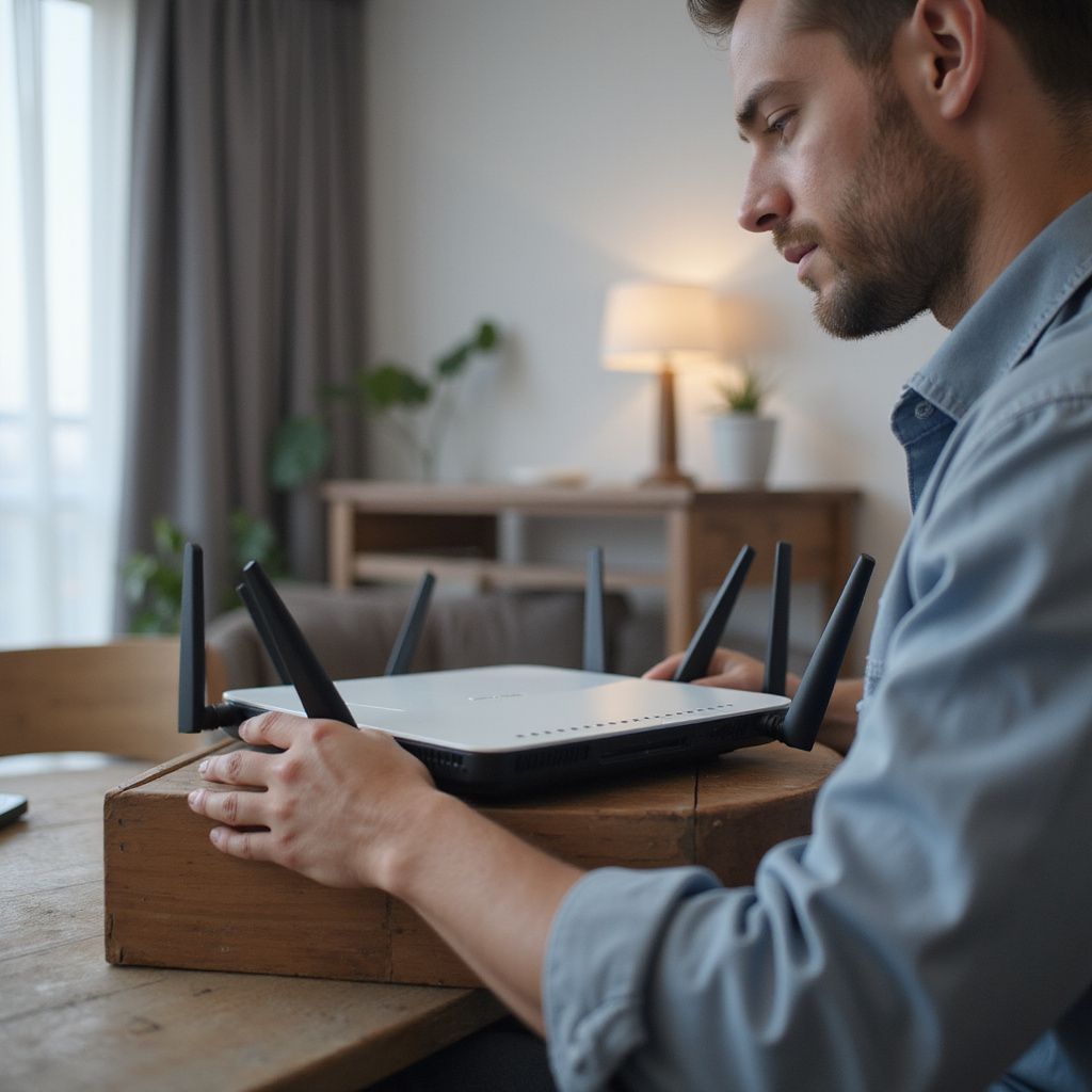 Man holding a white and black router with antennas, seated at a table.