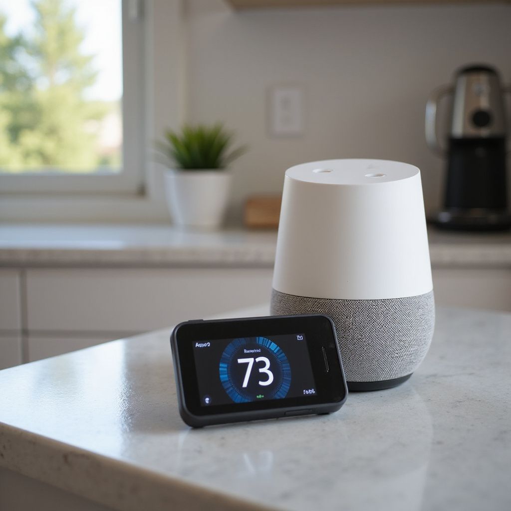 Smart thermostat showing 73 degrees next to a Google Home speaker on a kitchen counter.