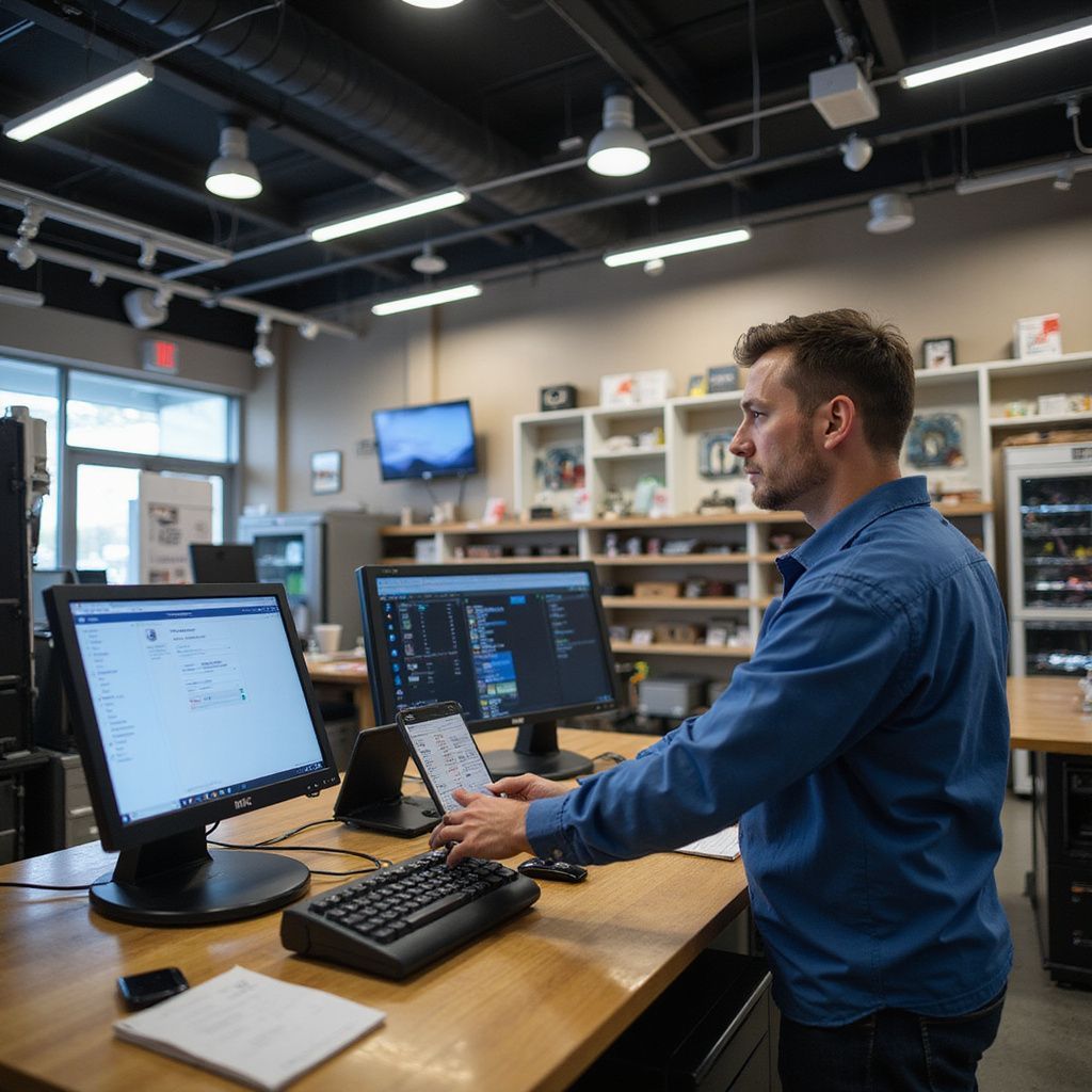 Man standing at a desk with two computer monitors and a tablet, typing in a store.