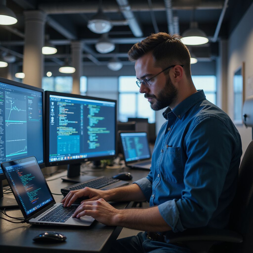 Man with glasses coding on laptop and monitors in a modern office, focused.