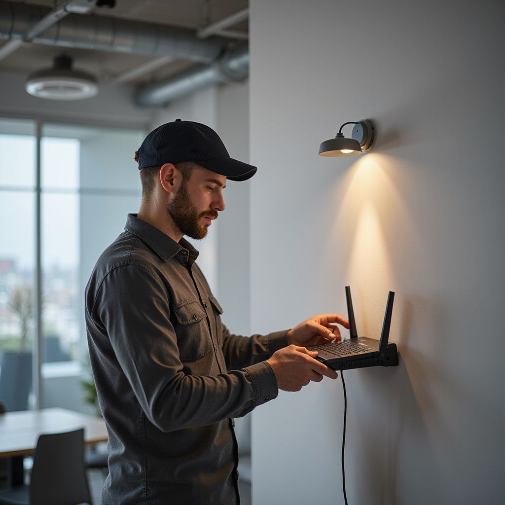 Man in cap installs a router on a wall, under a spotlight, indoors.