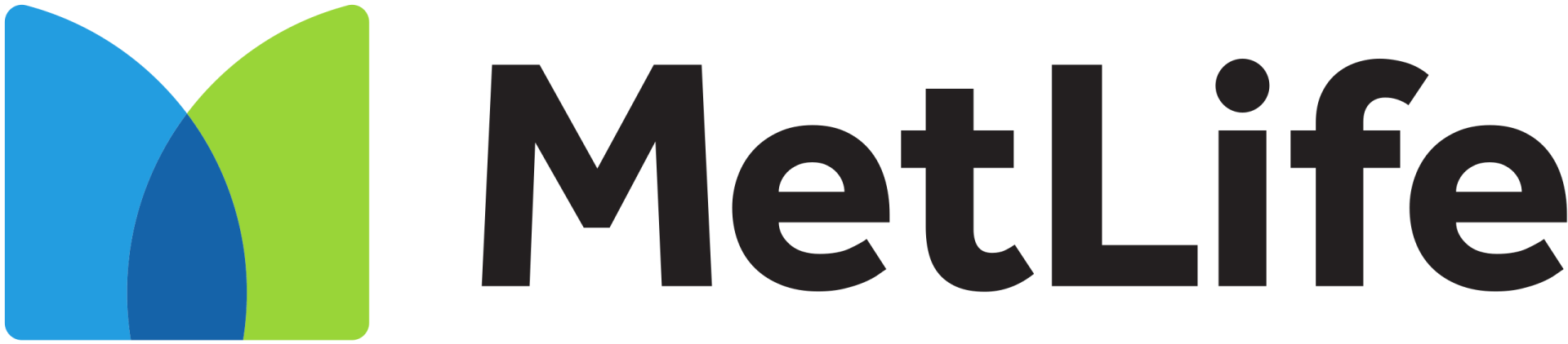 A metlife logo with a blue and green m on a white background.