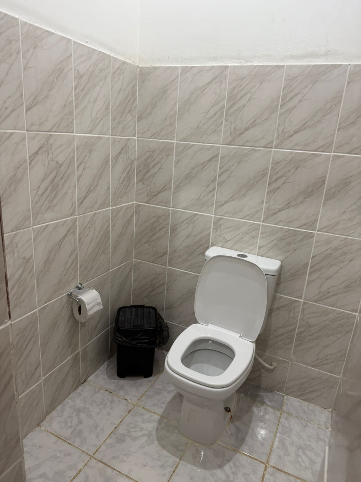 Banheiro pequeno com vaso sanitário branco, rolo de papel higiênico e lixeira preta contra paredes e piso de azulejos.