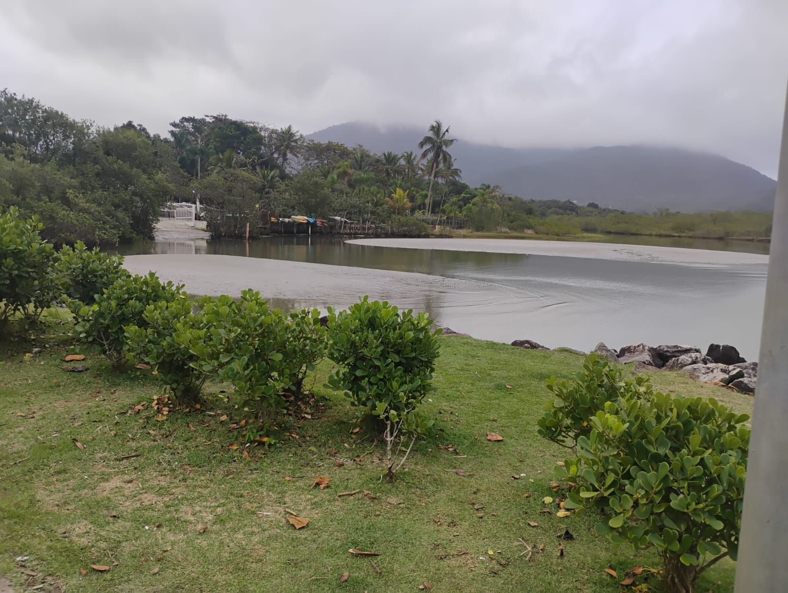Litoral gramado com arbustos, água, árvores e montanhas sob um céu nublado.