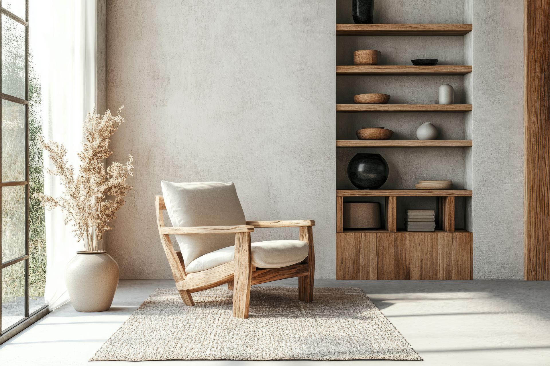 Cozy living room with wooden chair, rug, built-in shelves, and vase of dried plants by a window.