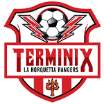 A logo for La Horquetta Rangers with a soccer ball and lightning bolts.