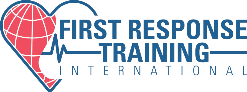 Logo for First Response Training International with a red heart-shaped globe and a blue EKG line.
