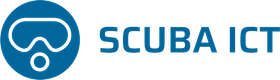 The logo for scuba ict is a blue circle with a scuba mask in it.