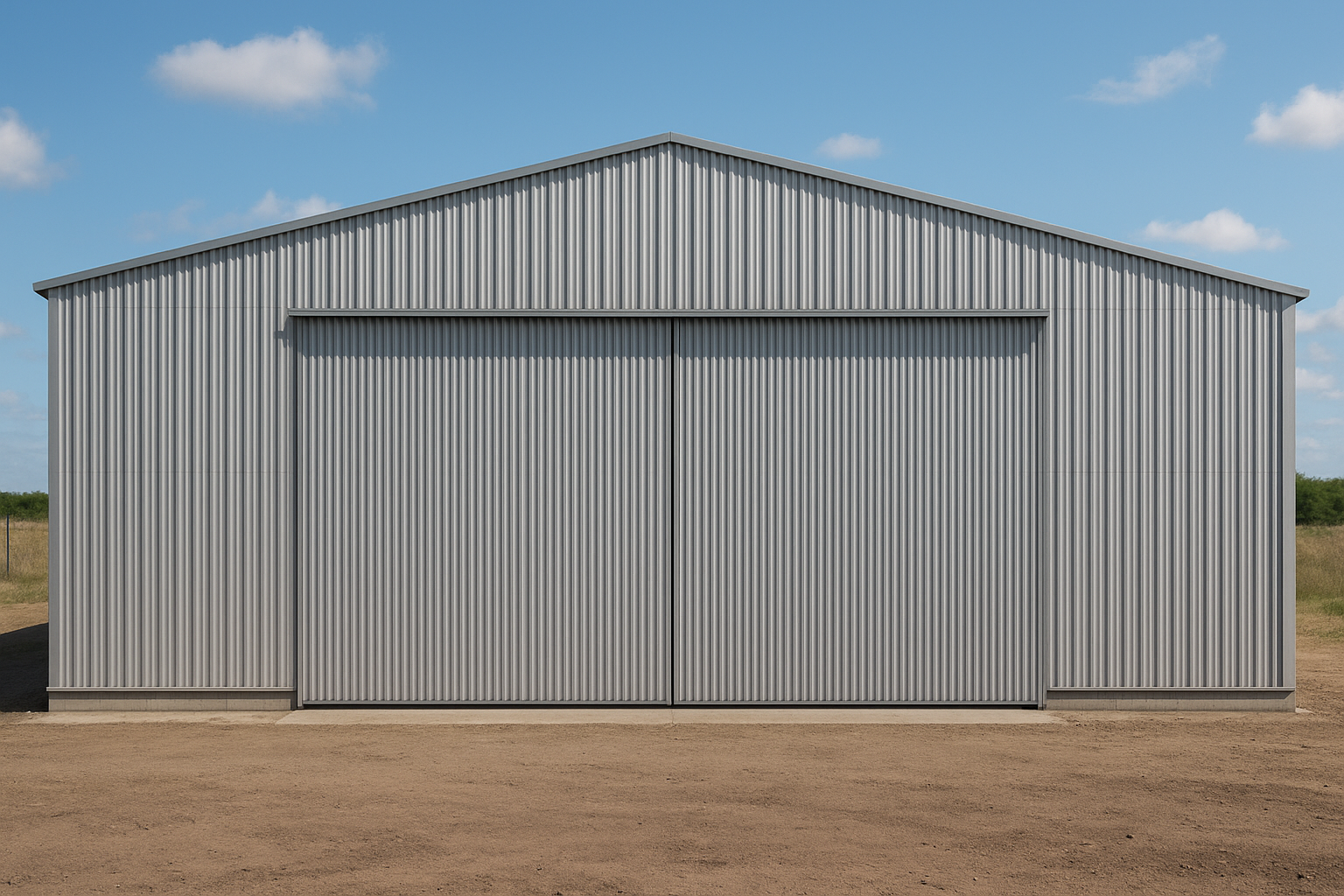 Un gran edificio metálico gris con un tractor a cada lado; zona en construcción en área boscosa.