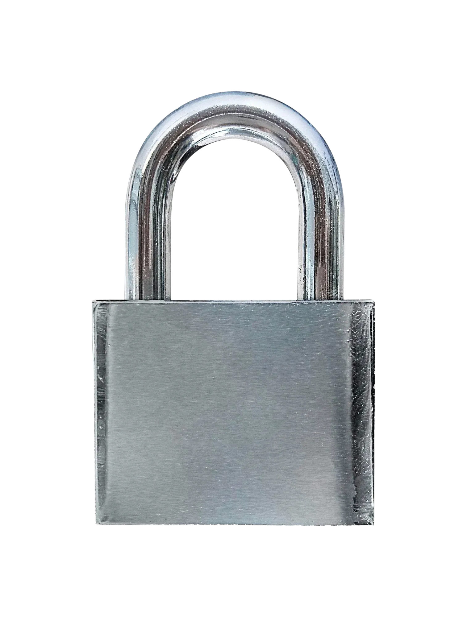 Silver padlock with a closed shackle on a white background