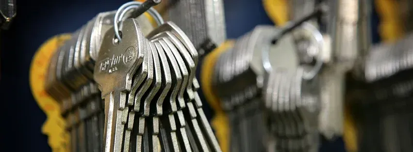 Close-up of silver keys hanging on metal hooks in a key rack