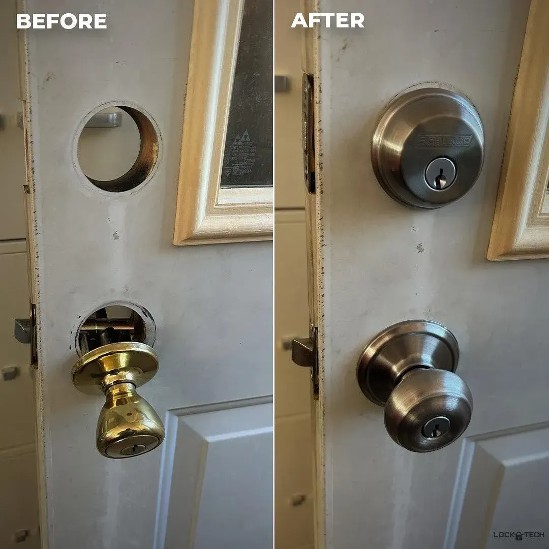 Before-and-after of a door with old brass knobs replaced by modern silver lock hardware.