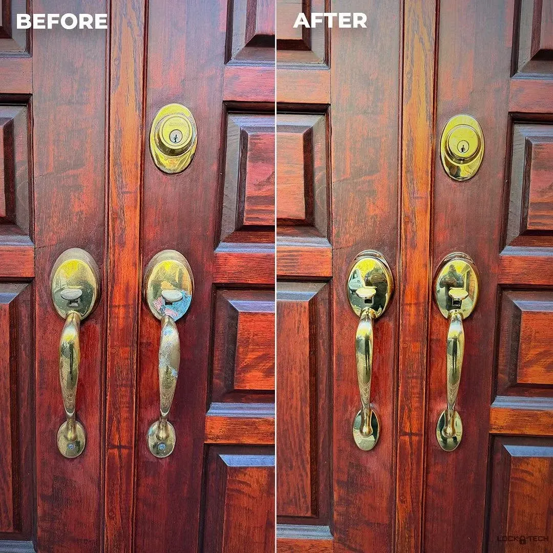 Before-and-after close-up of a wooden double door with brass handles and a restored finish.