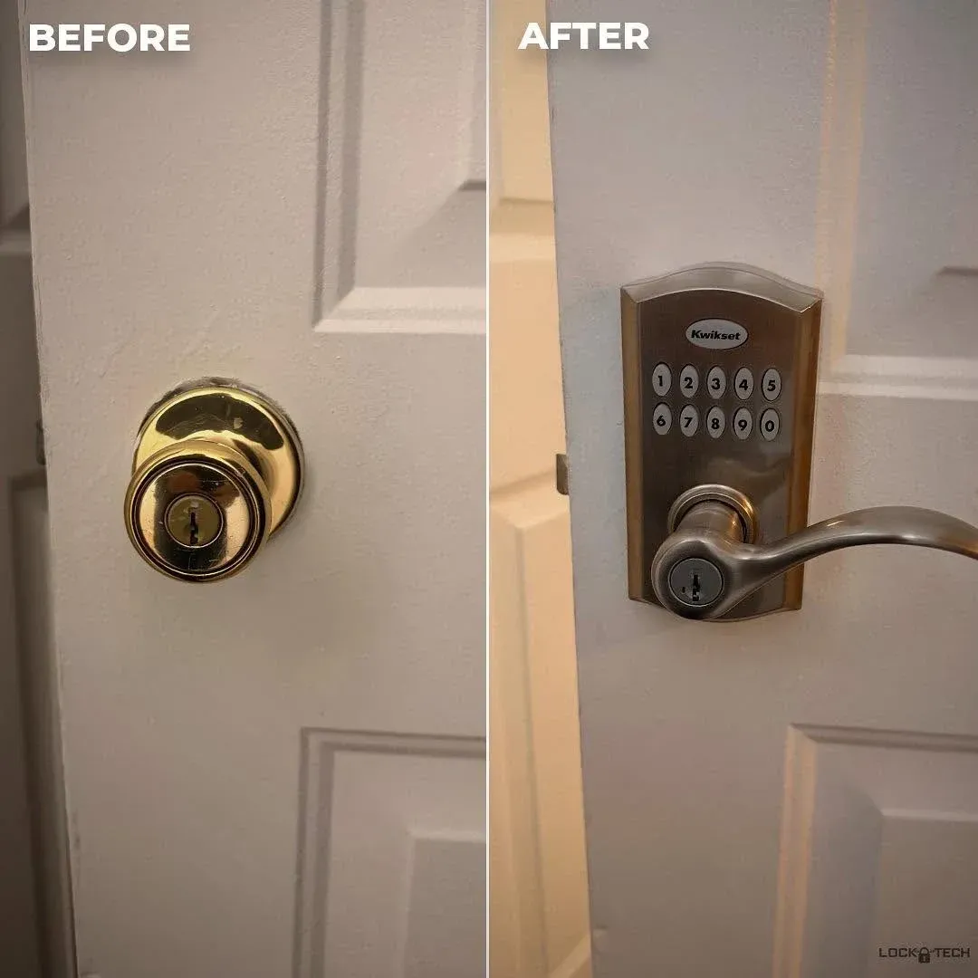 Before-and-after of a front door lock replaced with a keypad deadbolt and handle set.